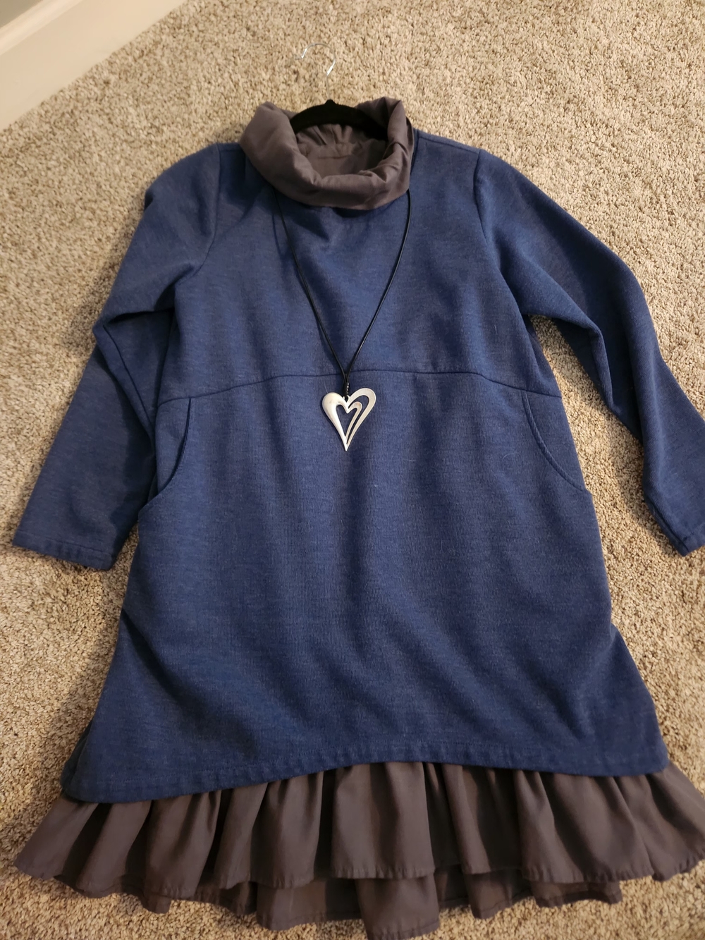 Navy Blue Layered Turtleneck Tunic Dress with Heart Pendant